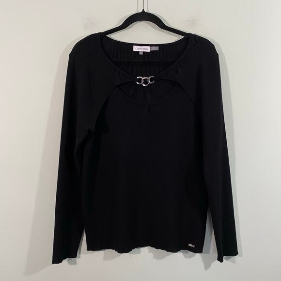 Calvin Klein Black Ribbed Chain Link Detail Retro Y2K Long Sleeve Sweater Sz XL - Picture 2 of 10